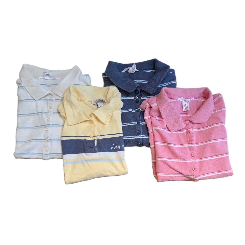 LOT of 4 Aeropostale Polo Shirts Girl's Size L‎ Striped Yellow/White/Pink/Blue
